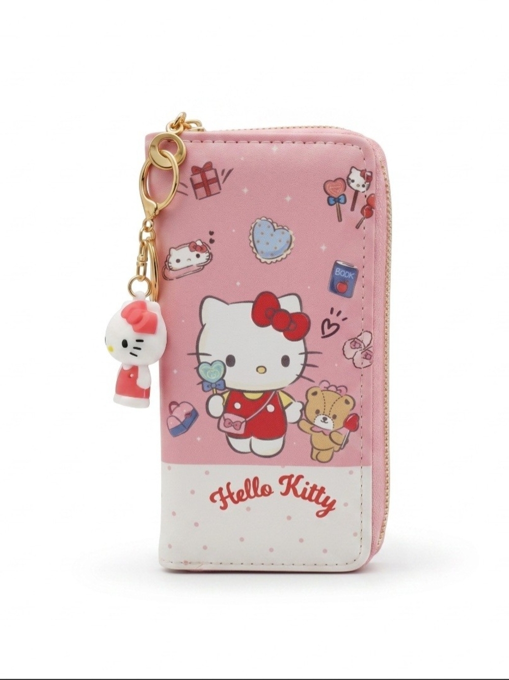 Hello Kitty Pink Zipper Wristlet Wallet with Hello Kitty Keychain- Vegan Leather - Picture 9 of 10